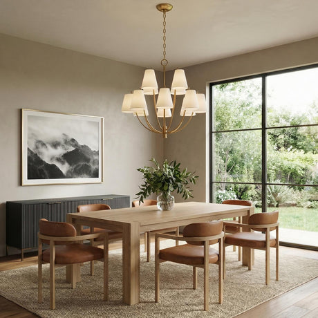 Cordelia 12 Light Chandelier 30", Modern Brass geometric chandelier in a Modern Dining Room with a light oak table and leather chairs.