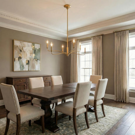 Harwick 6 Light Chandelier 32", Gilded Brass linear chandelier in a Transitional Dining Room with a dark wood table.