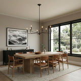 Harwick 8 Light Chandelier 42", Aged Iron geometric Chandelier in a Transitional Dining Room with a rustic oak table.