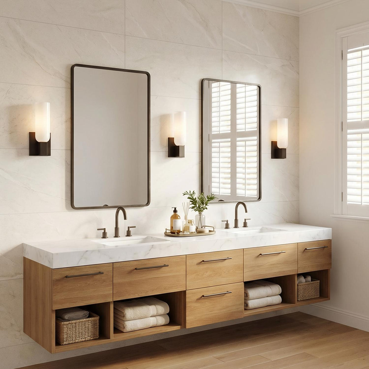 A modern bathroom featuring three Vesper Wall Sconce 12", Aged Iron fixtures with white glass shades flanking rectangular mirrors over a marble countertop and oak vanity.