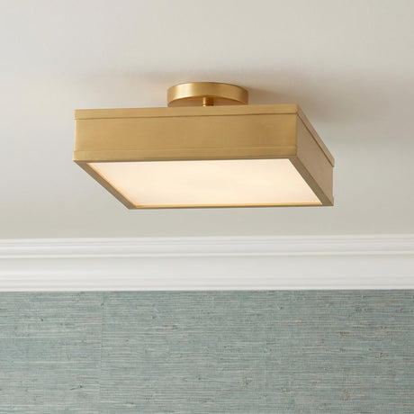 Merton Square LED Semi-Flush 12", Gilded Brass geometric Flush Mount in a Transitional Entryway with blue grasscloth wallpaper.