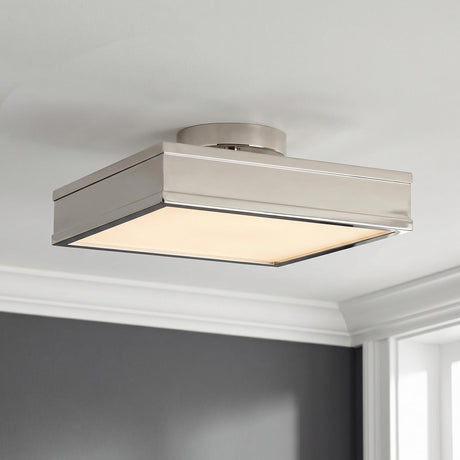 Merton Square LED Semi-Flush 12", Polished Nickel geometric Flush Mount in a Contemporary Hallway with dark grey walls and crown molding.