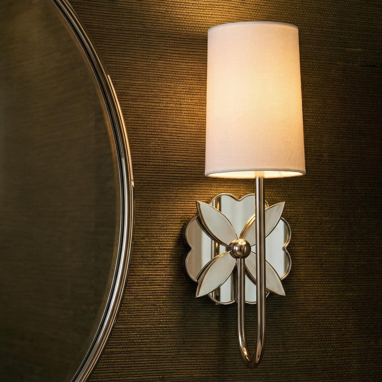 Ashby Wall Sconce 14", Polished Nickel and Mirror Glass leaf design Wall Sconce in a Transitional Entryway with a round mirror.
