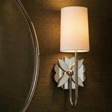 Ashby Wall Sconce 14", Polished Nickel and Mirror Glass leaf design Wall Sconce in a Transitional Entryway with a round mirror.
