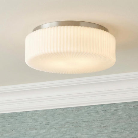 Lumina Flush Mount 14", Brushed Nickel scalloped Flush Mount in a Transitional Hallway with teal grasscloth wallpaper and crown molding.