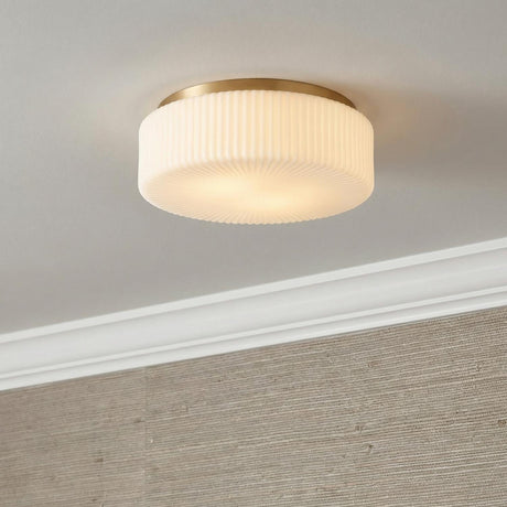 Lumina Flush Mount 14", Satin Brass scalloped Flush Mount in a Contemporary Hallway with textured grasscloth wallpaper.