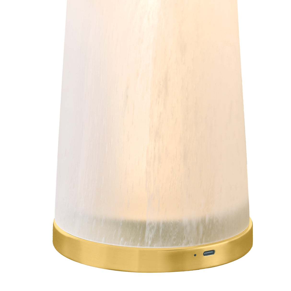 Close up of base and USB-C charge port, Battery powered Portable Table Lamp in seeded cloud glass and aged brass
