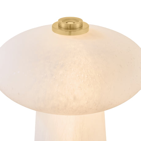 Close up of switch, battery powered Portable Table Lamp in seeded cloud glass and aged brass