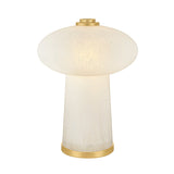 Battery powered Portable Table Lamp in seeded cloud glass and aged brass with light on