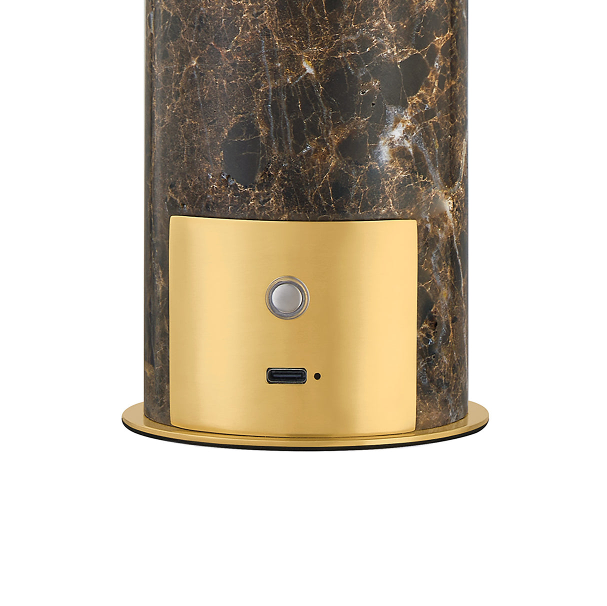 Close-up detail of touch switch and charging port on Modern brown marble and brass rechargeable portable 15" table lamp 