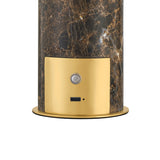 Close-up detail of touch switch and charging port on Modern brown marble and brass rechargeable portable 15" table lamp 