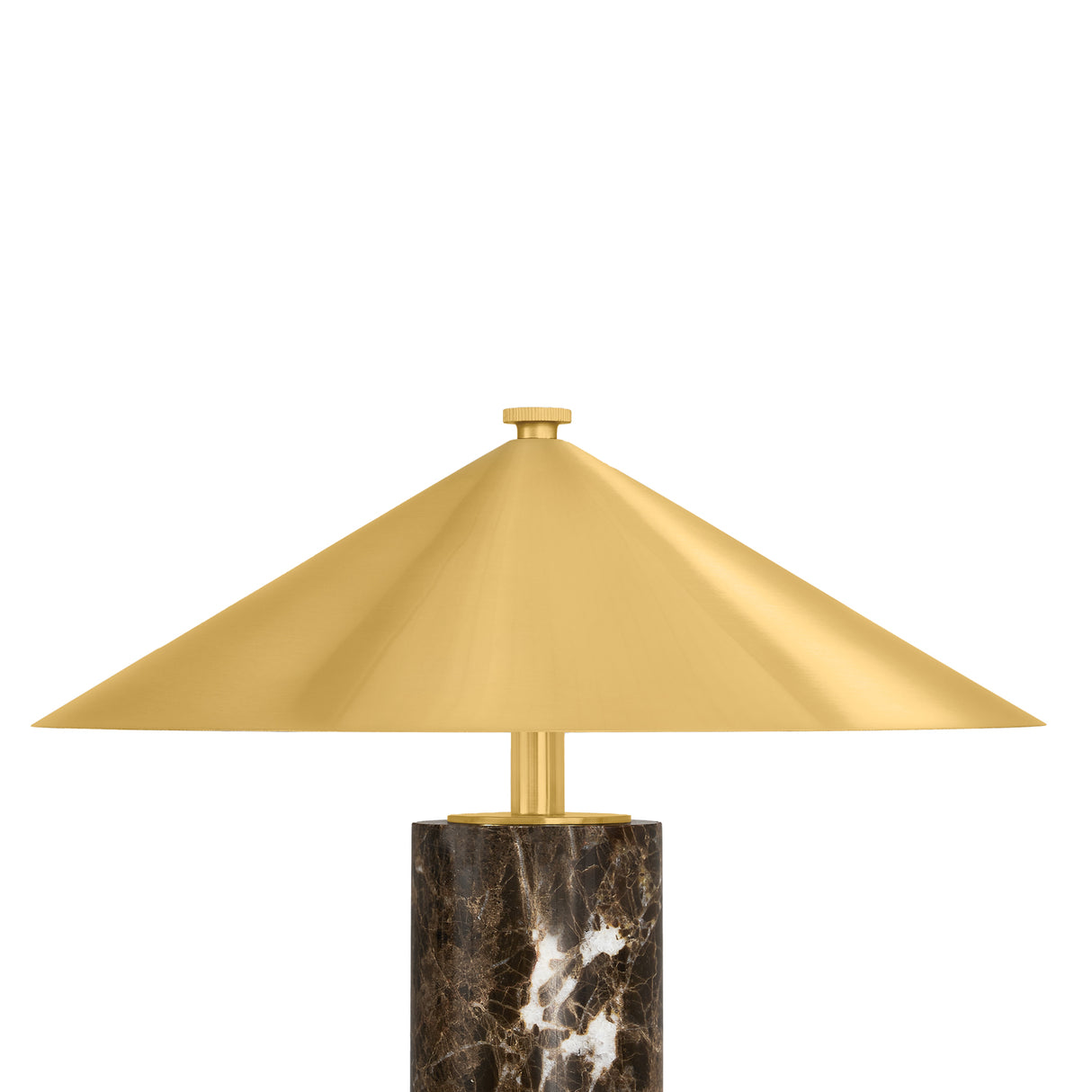 Close-up of shade on Modern brown marble and brass rechargeable portable 15" table lamp

