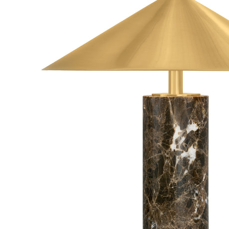 Close-up detail of Modern brown marble and brass rechargeable portable 15" table lamp