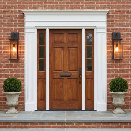 A Colonial red brick entry with two old bronze Lavelle Outdoor Wall Light lanterns flanking a wood front door at dusk with boxwood topiaries in stone urns.