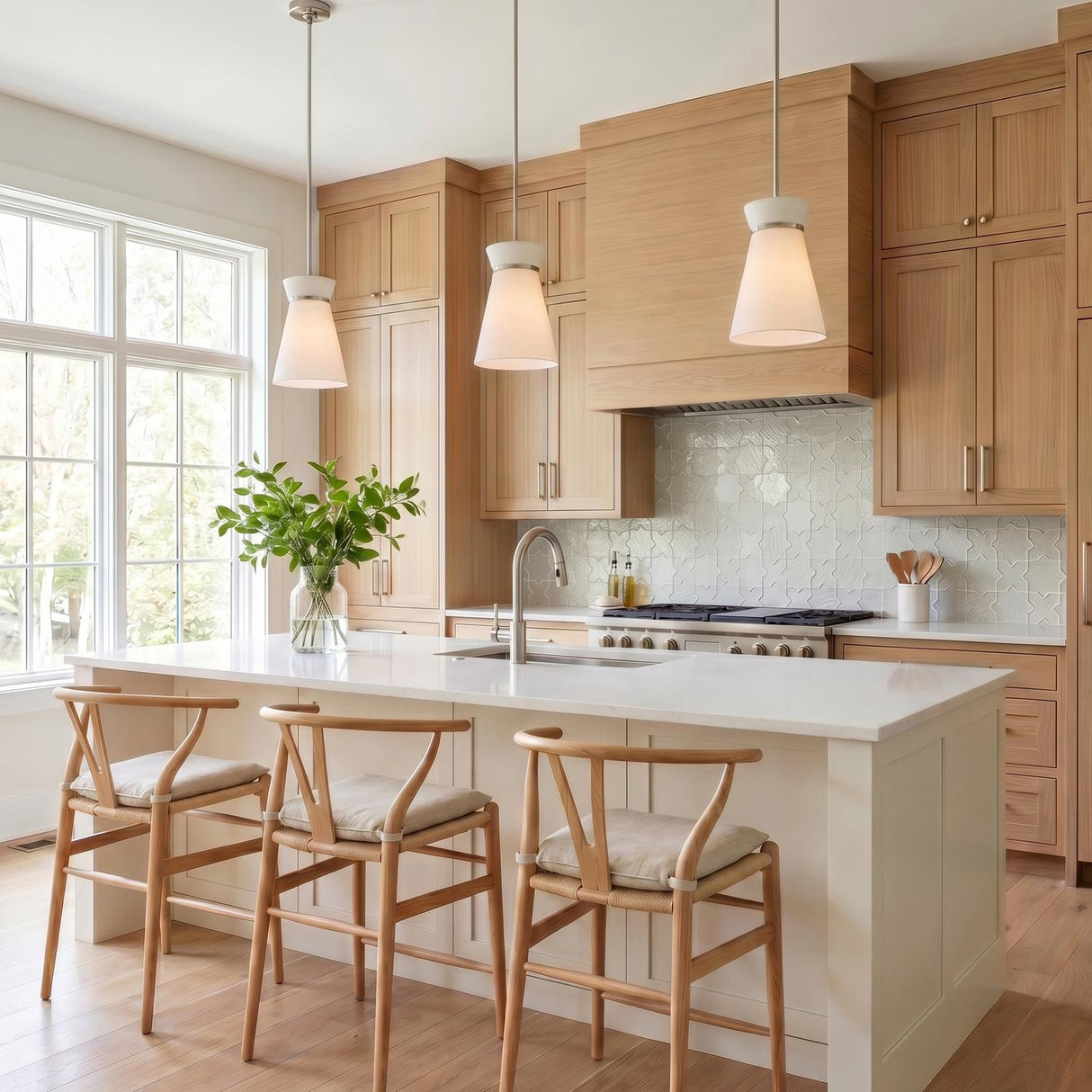 A transitional kitchen with three Veronica Pendant 10 inch Brushed Nickel and White Linen fixtures over a white quartz island with light wood cabinetry.
