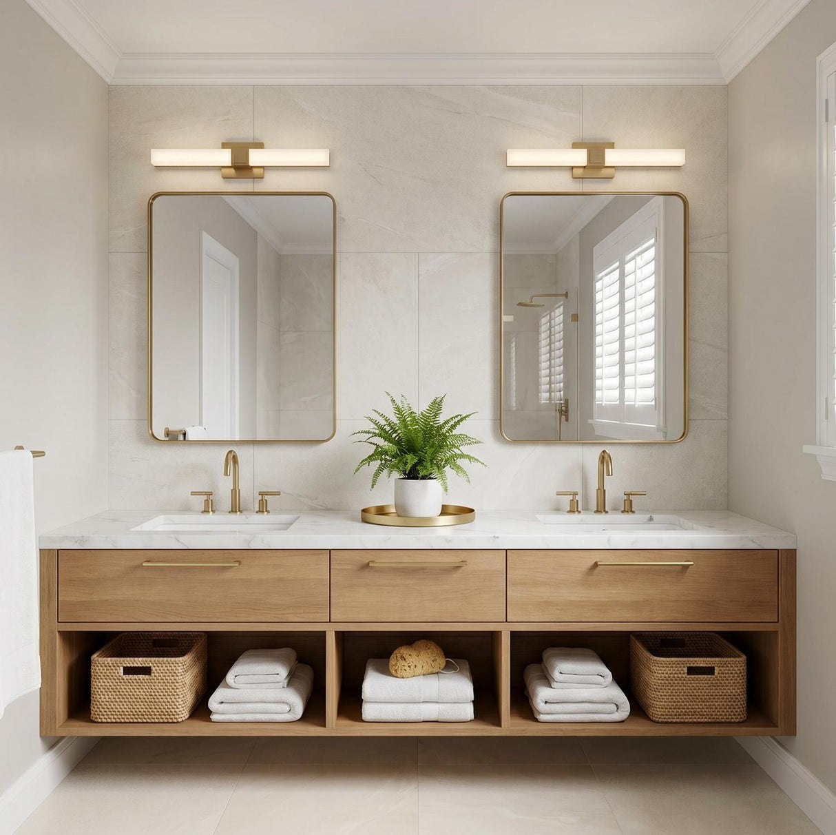 A contemporary bathroom with two satin brass Wendell LED Vanity Lights mounted above rectangular gold mirrors over a floating oak vanity with white marble countertops and woven baskets.