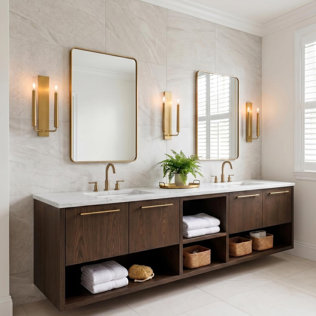 A transitional bathroom featuring three Solana Double Wall Sconce fixtures in brushed brass flanking gold-framed mirrors over a dark wood vanity with white marble countertops.
