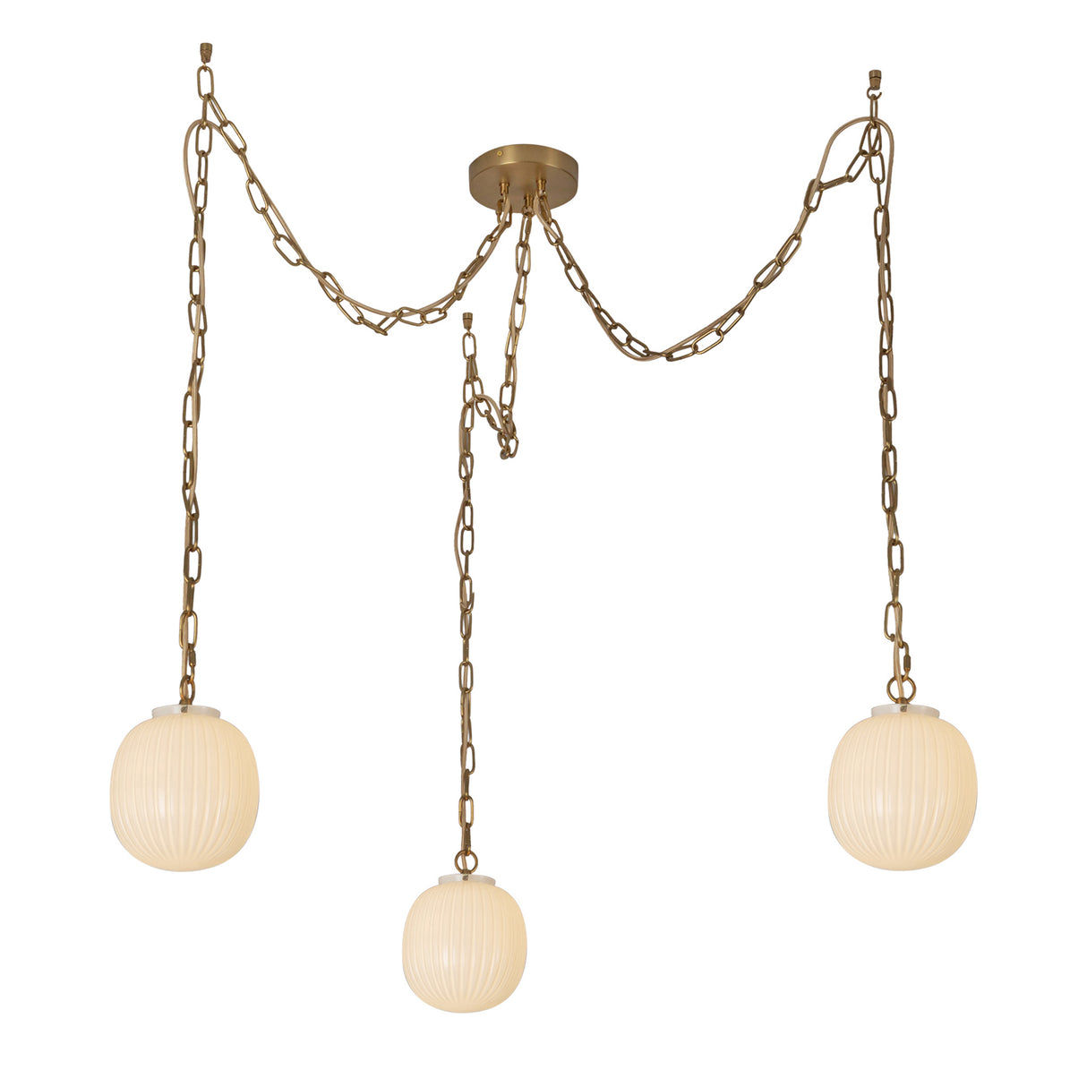 Basile 3 Light Swag Chandelier 7", Brushed Brass and Ribbed Milk Glass