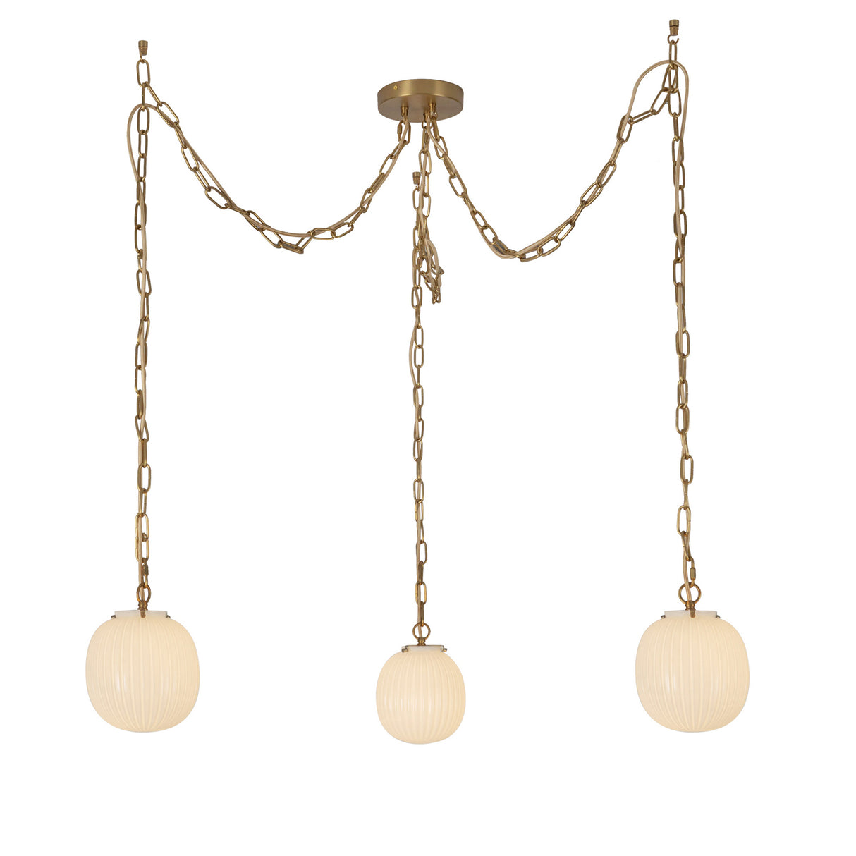 Basile 3 Light Swag Chandelier 7", Brushed Brass and Ribbed Milk Glass