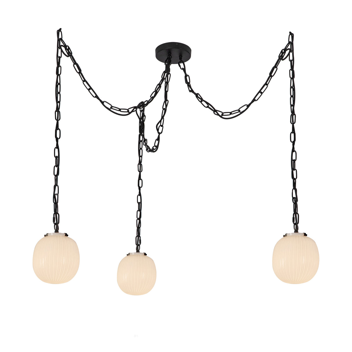 Basile 3 Light Swag Chandelier 7", Matte Black and Ribbed Milk Glass