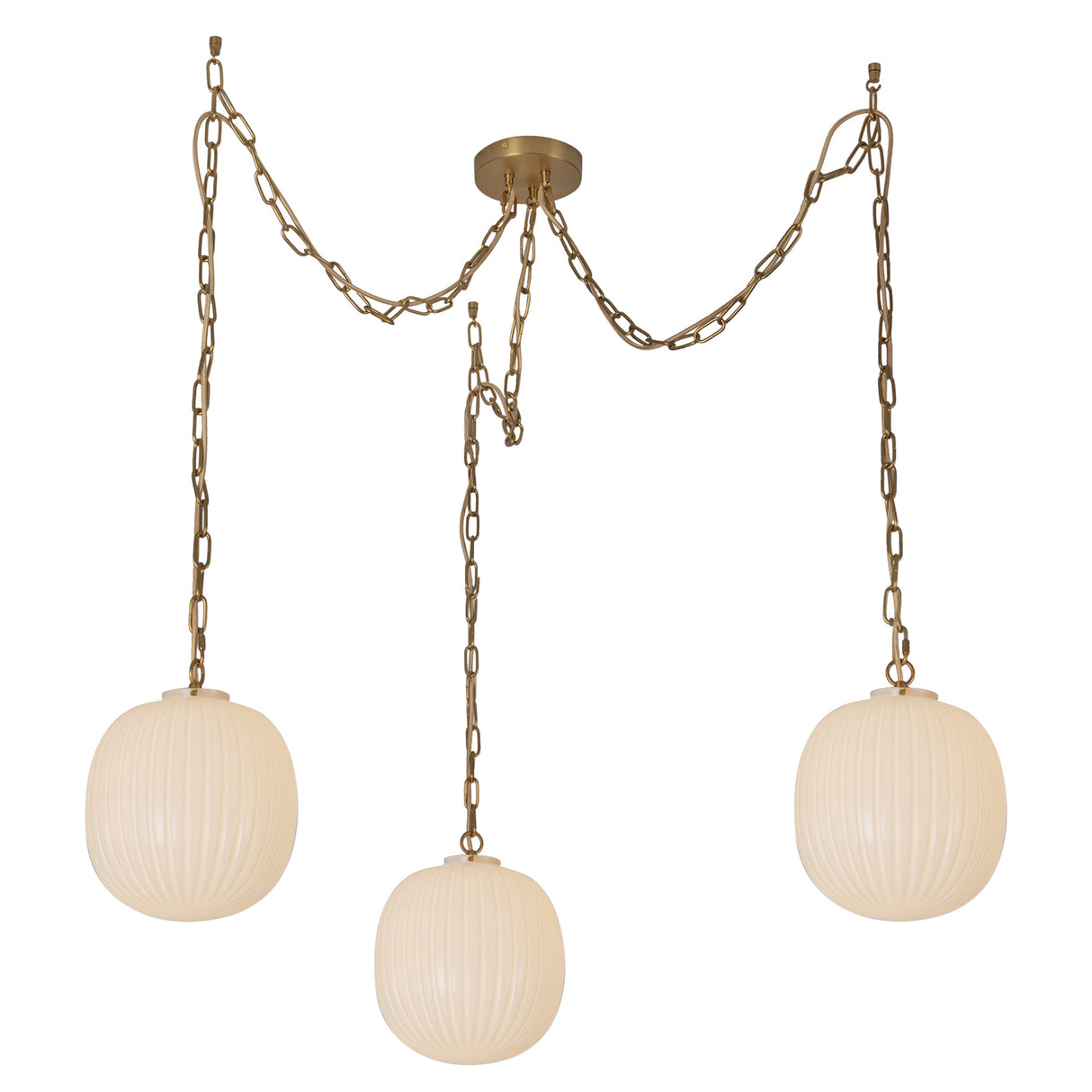 Basile 3 Light Swag Chandelier 12", Brushed Brass and Ribbed Milk Glass