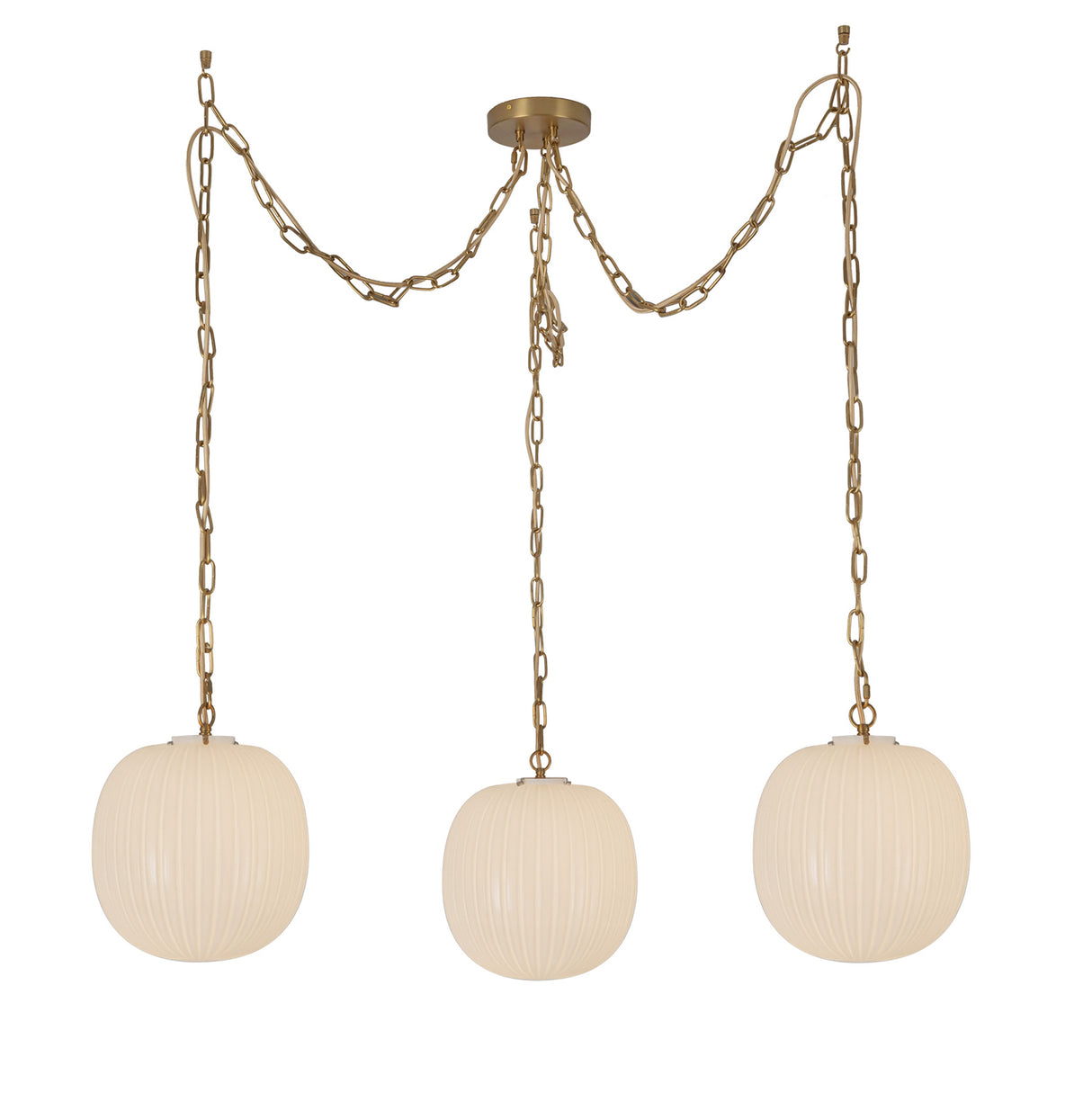 Basile 3 Light Swag Chandelier 12", Brushed Brass and Ribbed Milk Glass