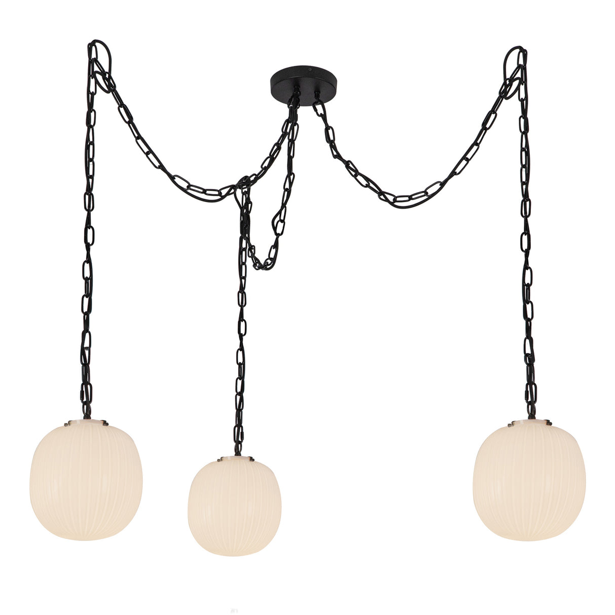 Basile 3 Light Swag Chandelier 12", Matte Black and Ribbed Milk Glass