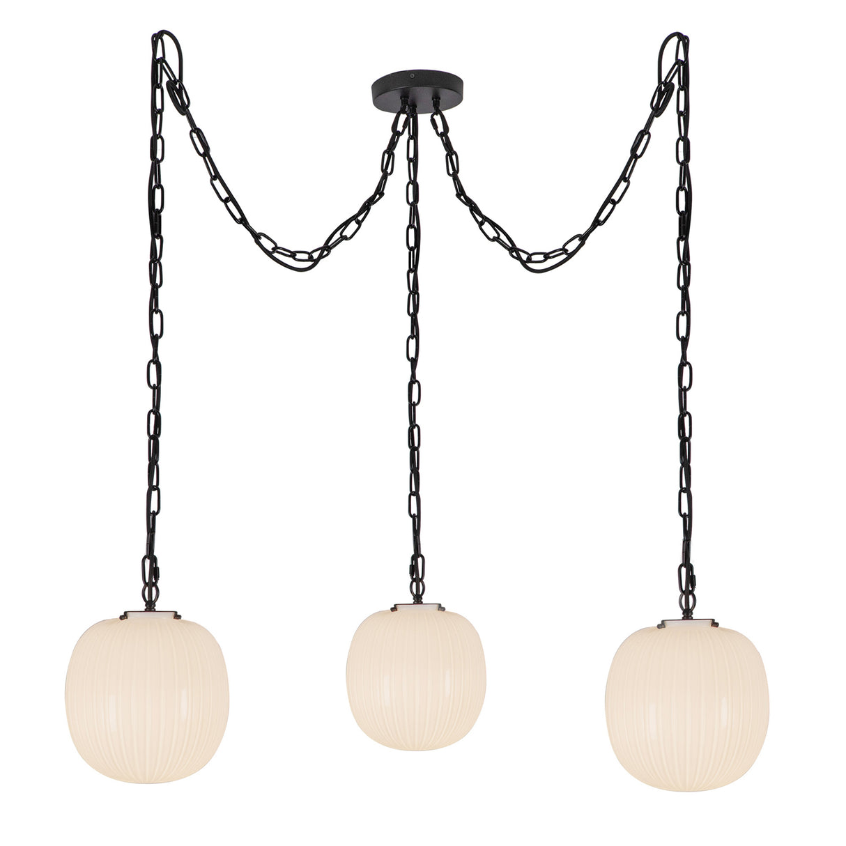Basile 3 Light Swag Chandelier 12", Matte Black and Ribbed Milk Glass