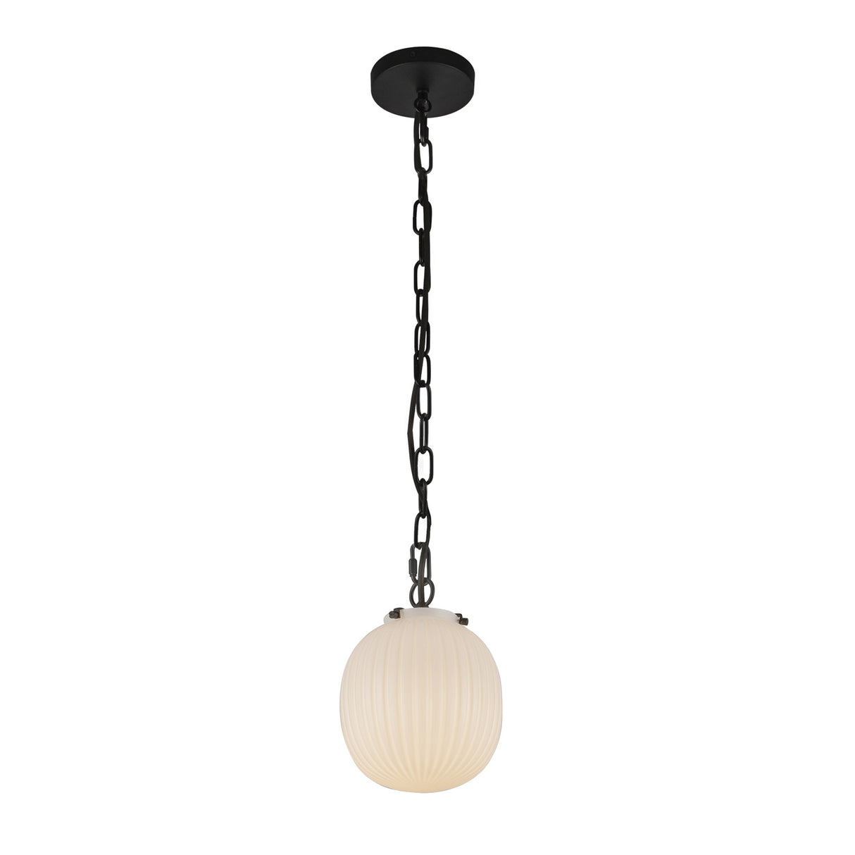 Basile Small Pendant 7", Matte Black and Ribbed Milk Glass