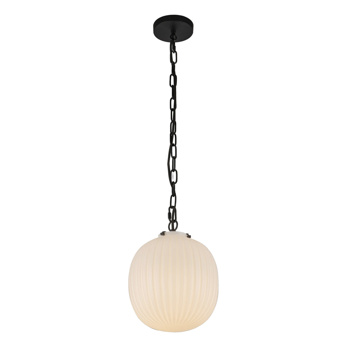 Basile Medium Pendant 12", Matte Black and Ribbed Milk Glass