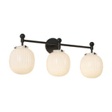 Basile 3 Light Vanity, Matte Black and Ribbed Milk Glass