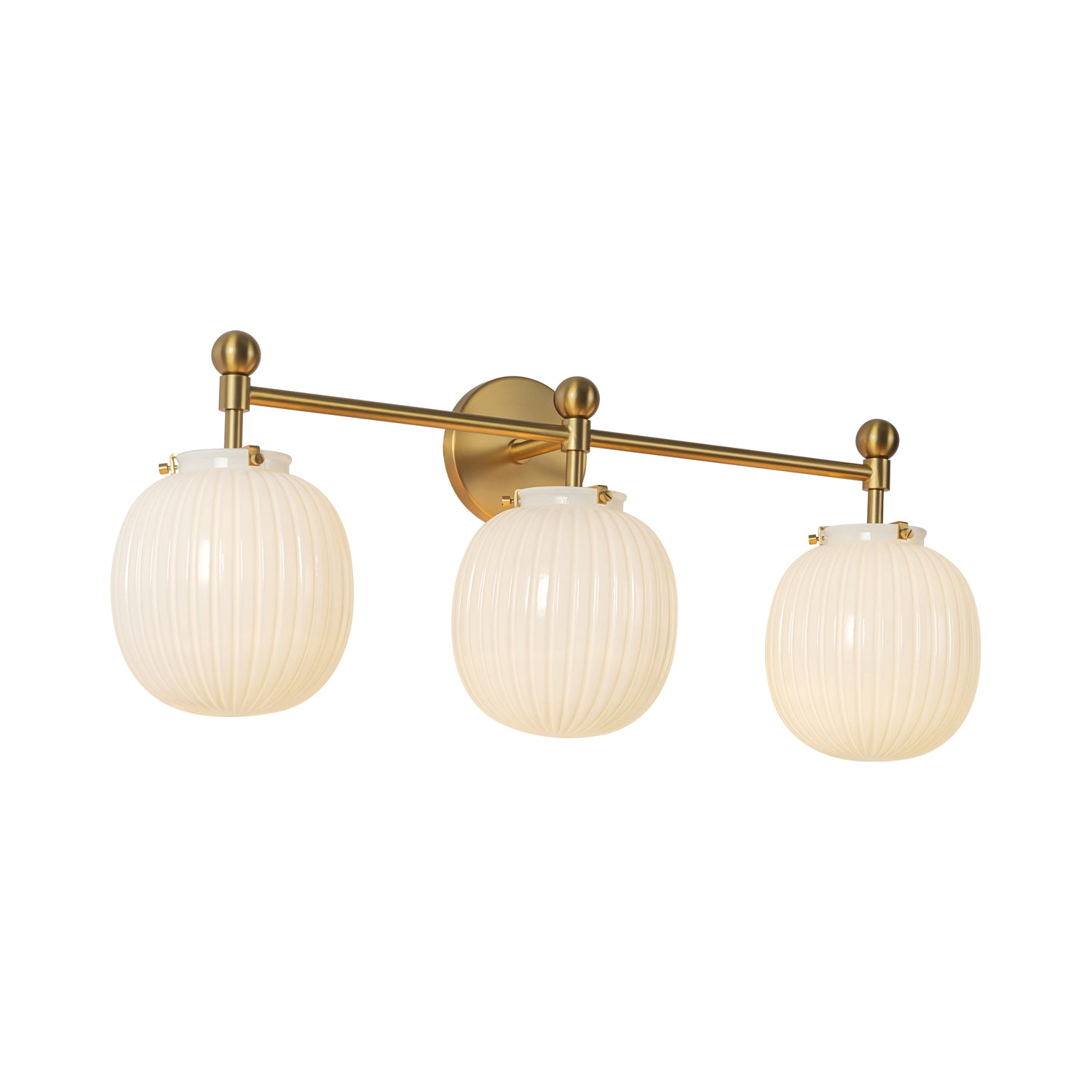 Basile 3 Light Vanity, Brushed Brass and Ribbed Milk Glass, three-quarter view showing the round backplate