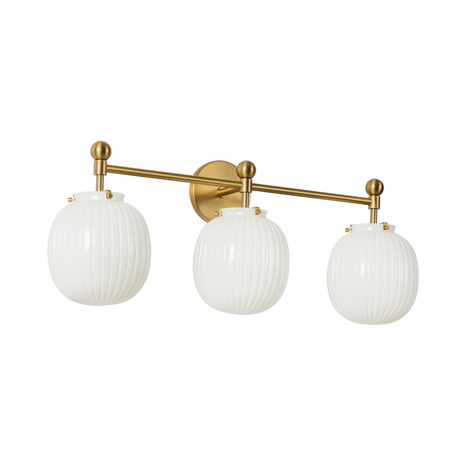 Basile 3 Light Vanity, Brushed Brass and Ribbed Milk Glass, angled view of ribbed milk glass globes on the bar