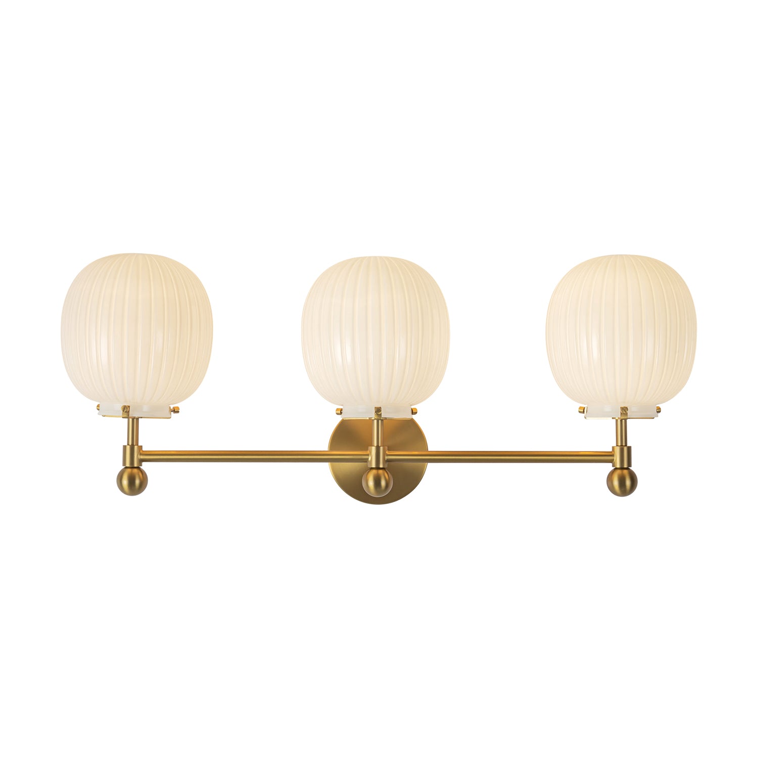Basile 3 Light Vanity, Brushed Brass and Ribbed Milk Glass, front view, globe shades above the bar and ball finials below