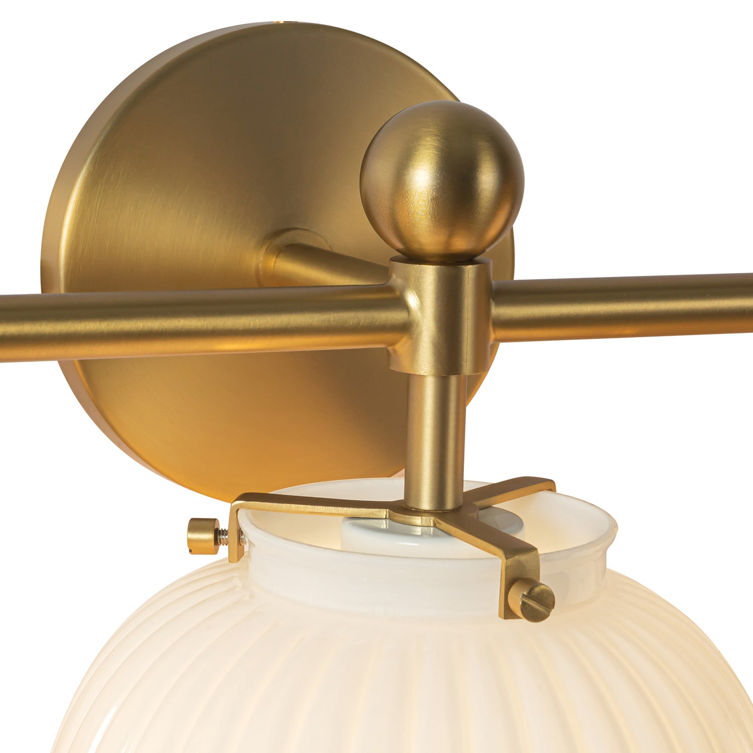 Basile 3 Light Vanity, Brushed Brass and Ribbed Milk Glass, close-up of the brushed brass backplate and shade holder