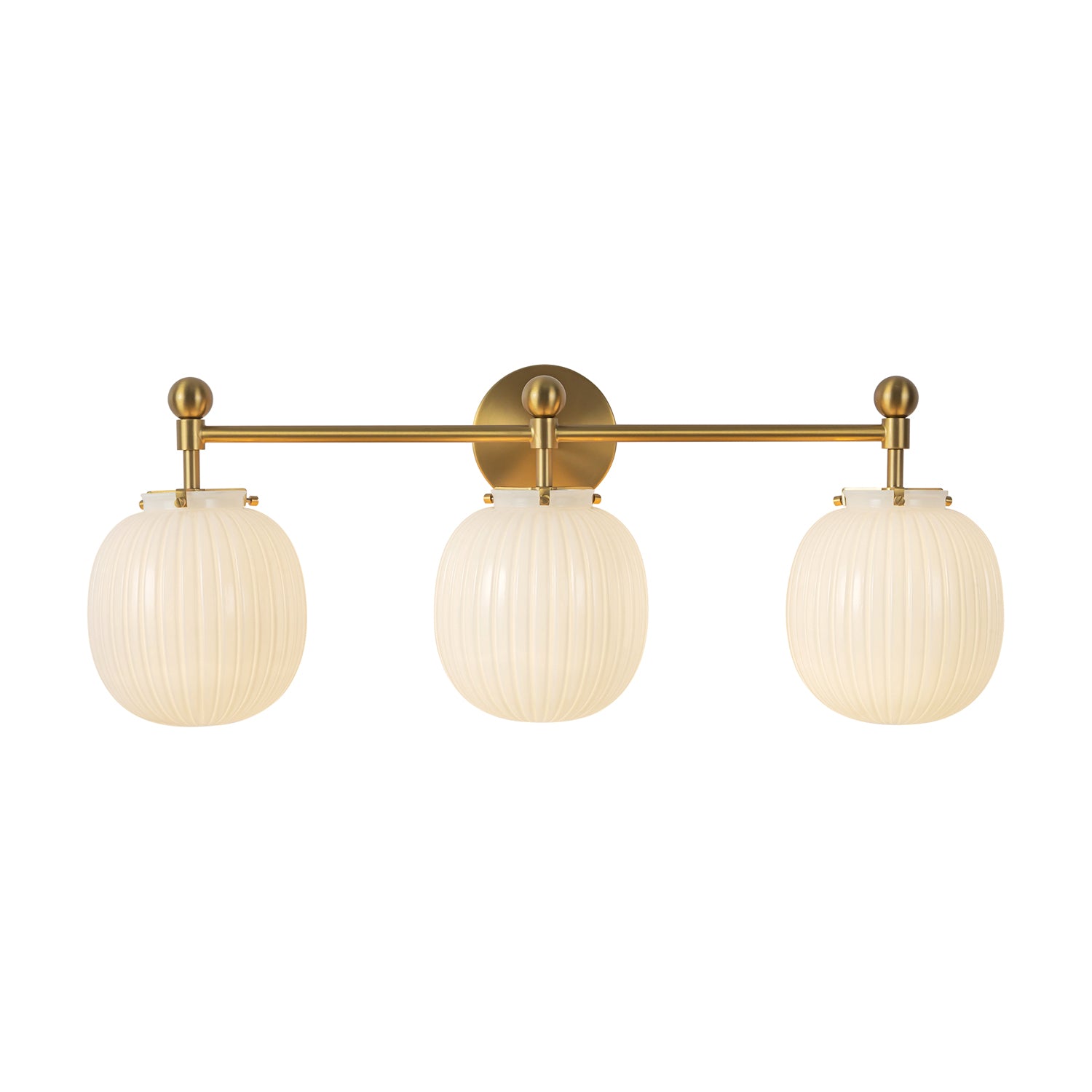 Basile 3 Light Vanity, Brushed Brass and Ribbed Milk Glass, front view, three ribbed milk glass globe shades under the bar