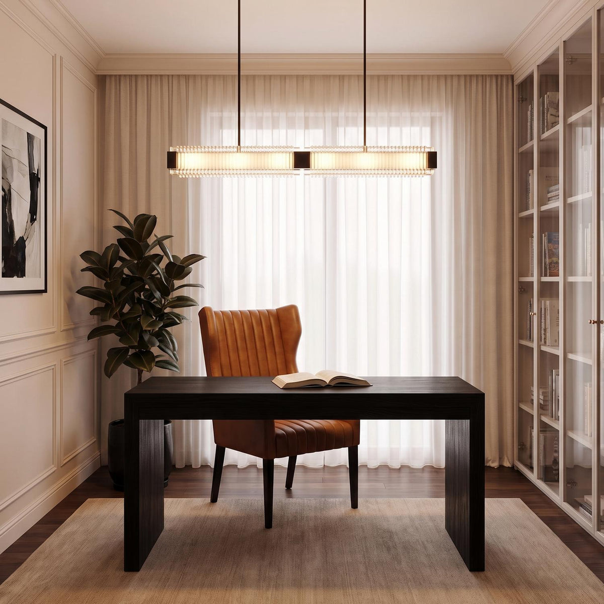 A transitional home office featuring the Enders LED Linear Pendant 47", Urban Bronze and Clear Ribbed Glass suspended over a dark desk and leather chair.