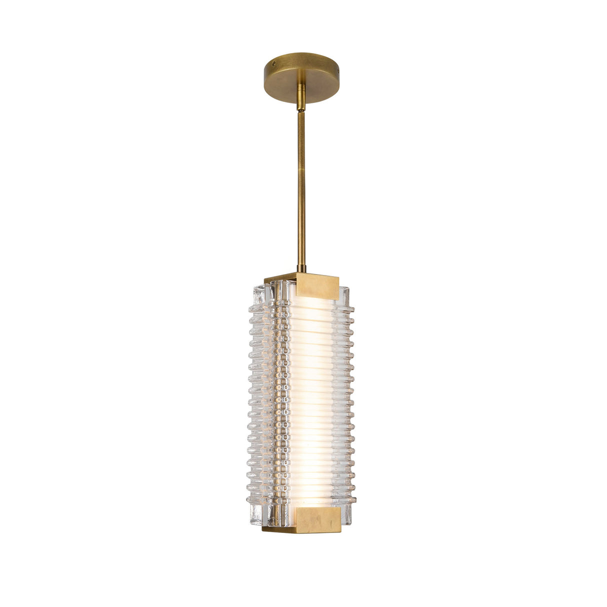 Enders Small LED Pendant 5", Vintage Brass and Clear Ribbed Glass