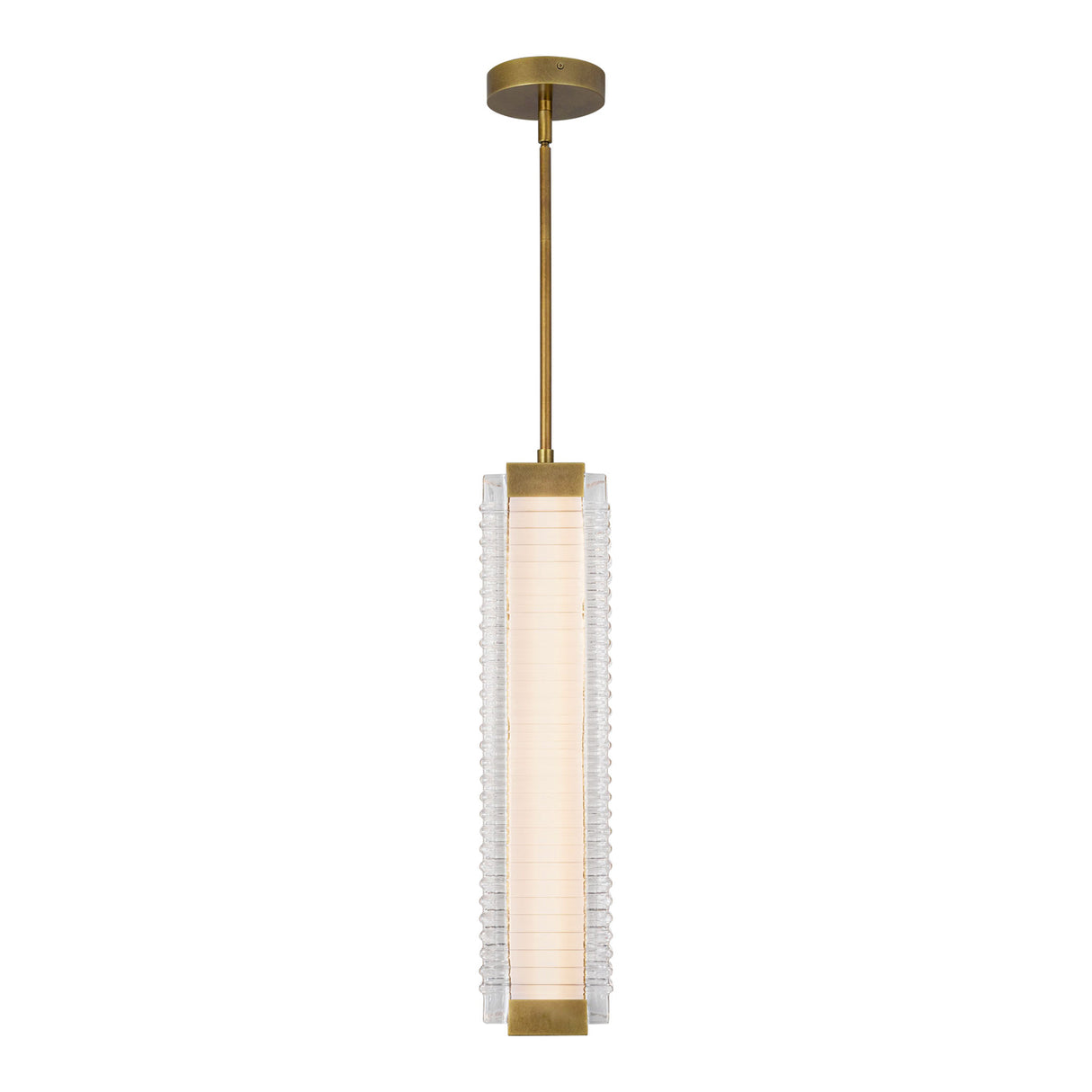 Enders Large LED Pendant 5", Vintage Brass and Clear Ribbed Glass
