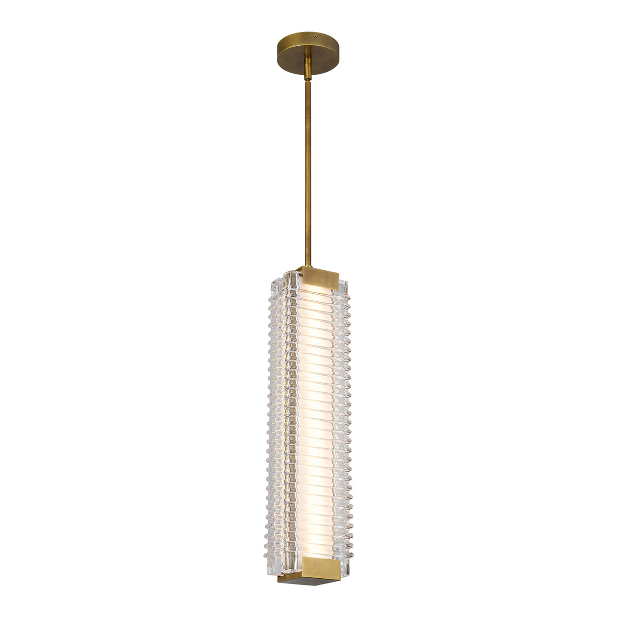 Enders Large LED Pendant 5", Vintage Brass and Clear Ribbed Glass