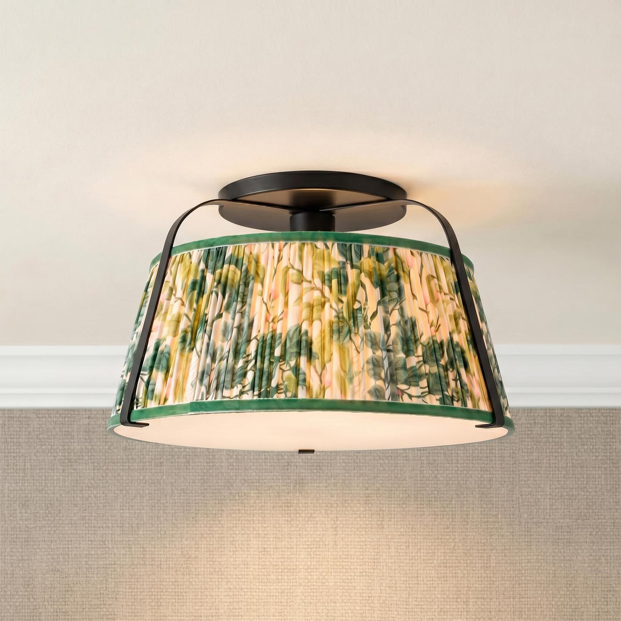A transitional foyer featuring the Daina Semi-Flush 13", Matte Black and Green Floral fixture mounted to a standard ceiling above neutral wallpaper and white crown molding.