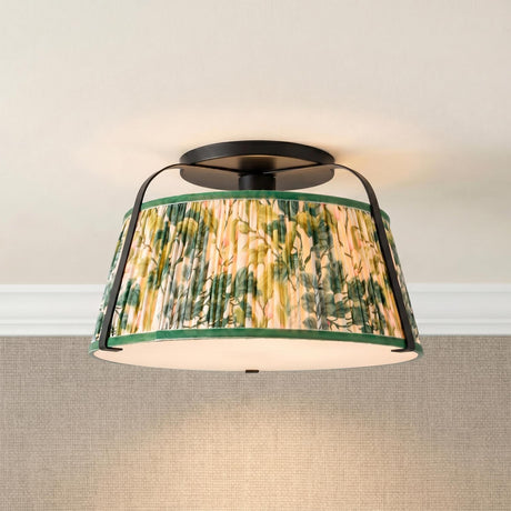 A transitional foyer featuring the Daina Semi-Flush 13", Matte Black and Green Floral fixture mounted to a standard ceiling above neutral wallpaper and white crown molding.