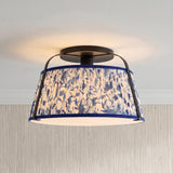 A transitional foyer with the Daina Semi-Flush 13 inch matte black and blue floral pleated fabric shade fixture mounted to the ceiling center above textured beige grasscloth wallpaper.
