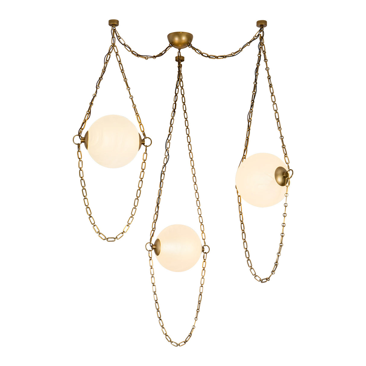 Cariselle LED 3 Light Swag Chandelier, Vintage Brass and Cloud Glass