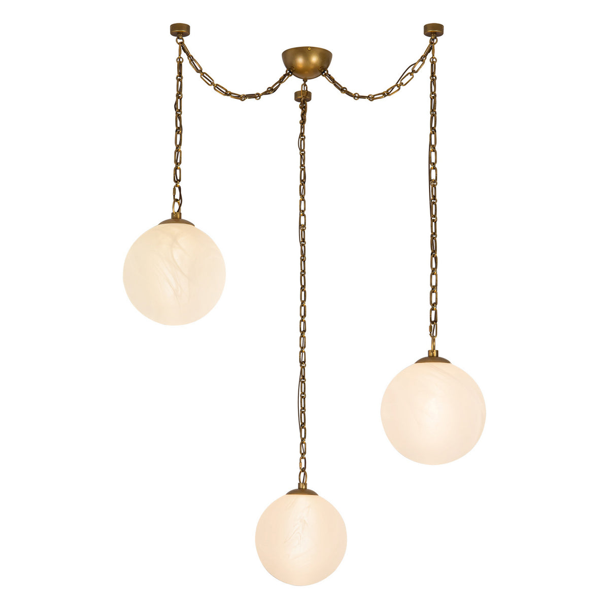 Cariselle LED 3 Light Swag Pendant, Vintage Brass and Cloud Glass