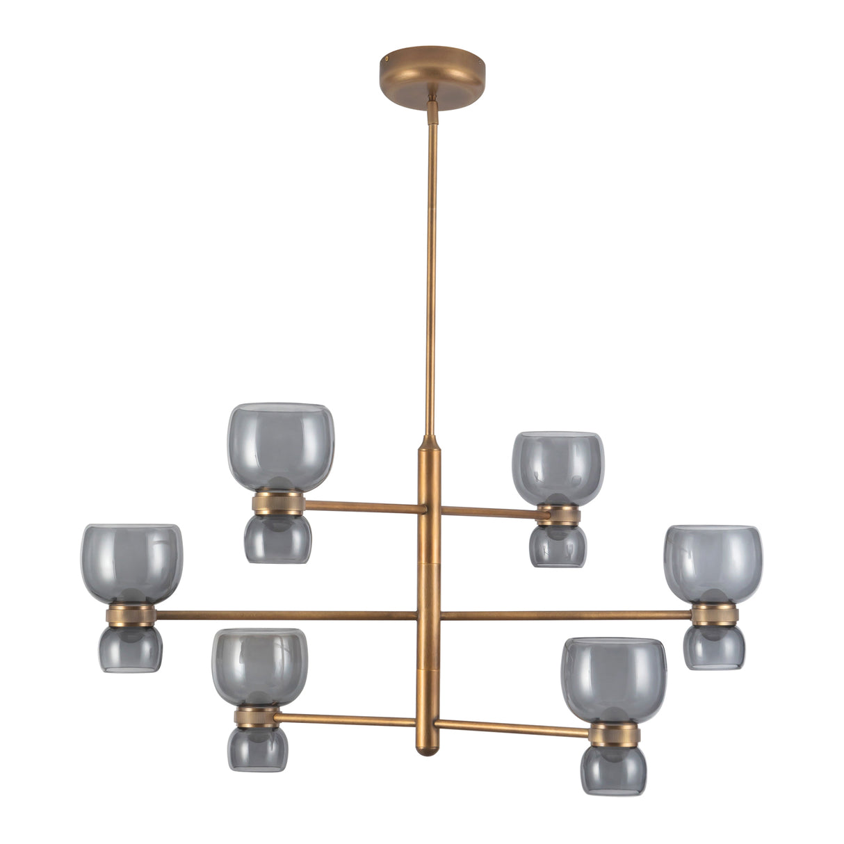 Brann LED Chandelier 36", Vintage Brass and Smoke Glass