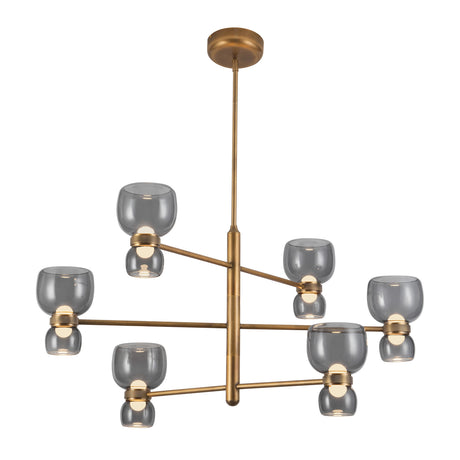 Brann LED Chandelier 36", Vintage Brass and Smoke Glass