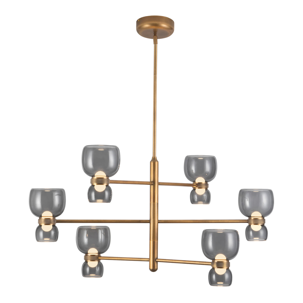 Brann LED Chandelier 36", Vintage Brass and Smoke Glass