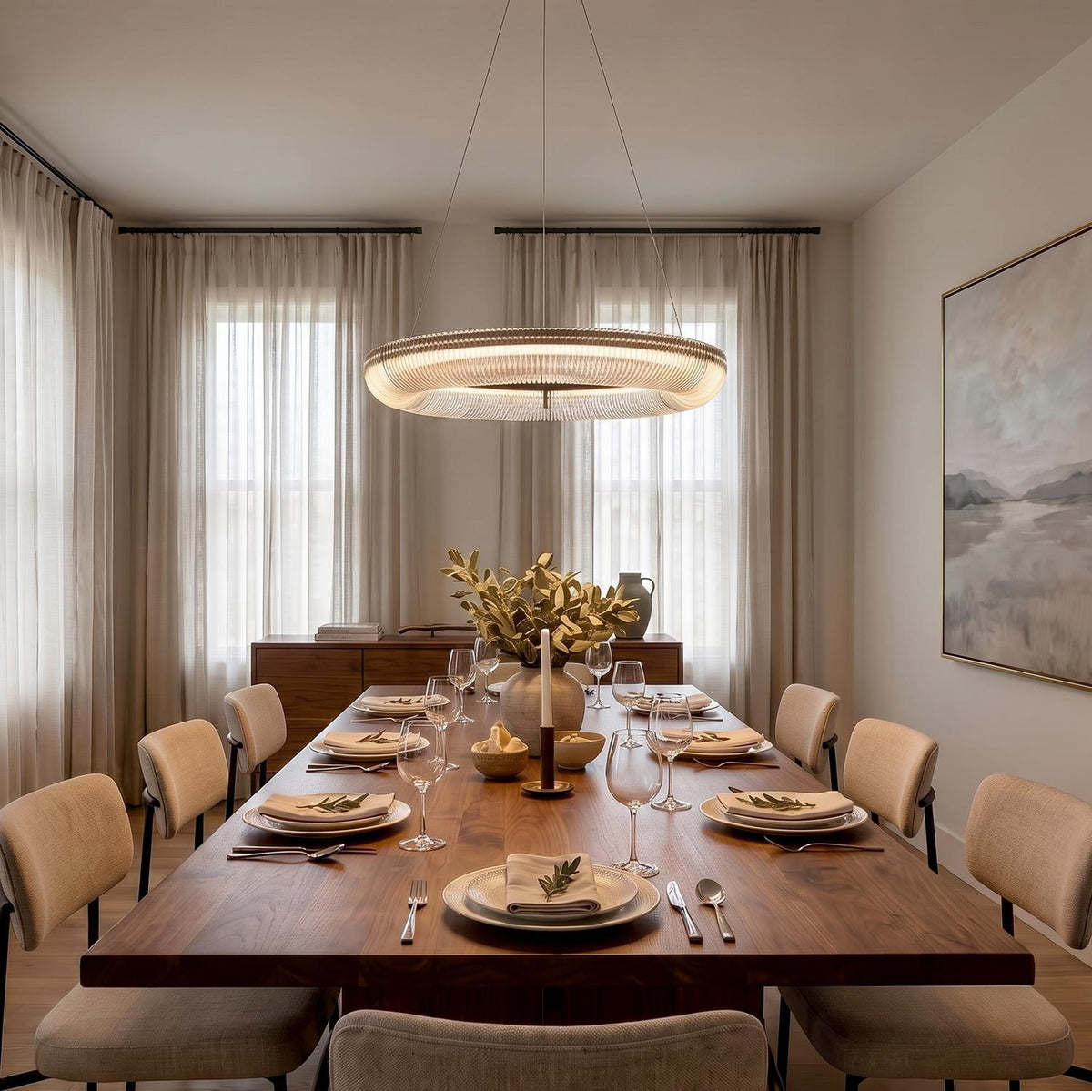 A contemporary dining room with the Amir Large LED Chandelier 30", Aged Iron and ribbed glass over a walnut table and upholstered beige chairs.