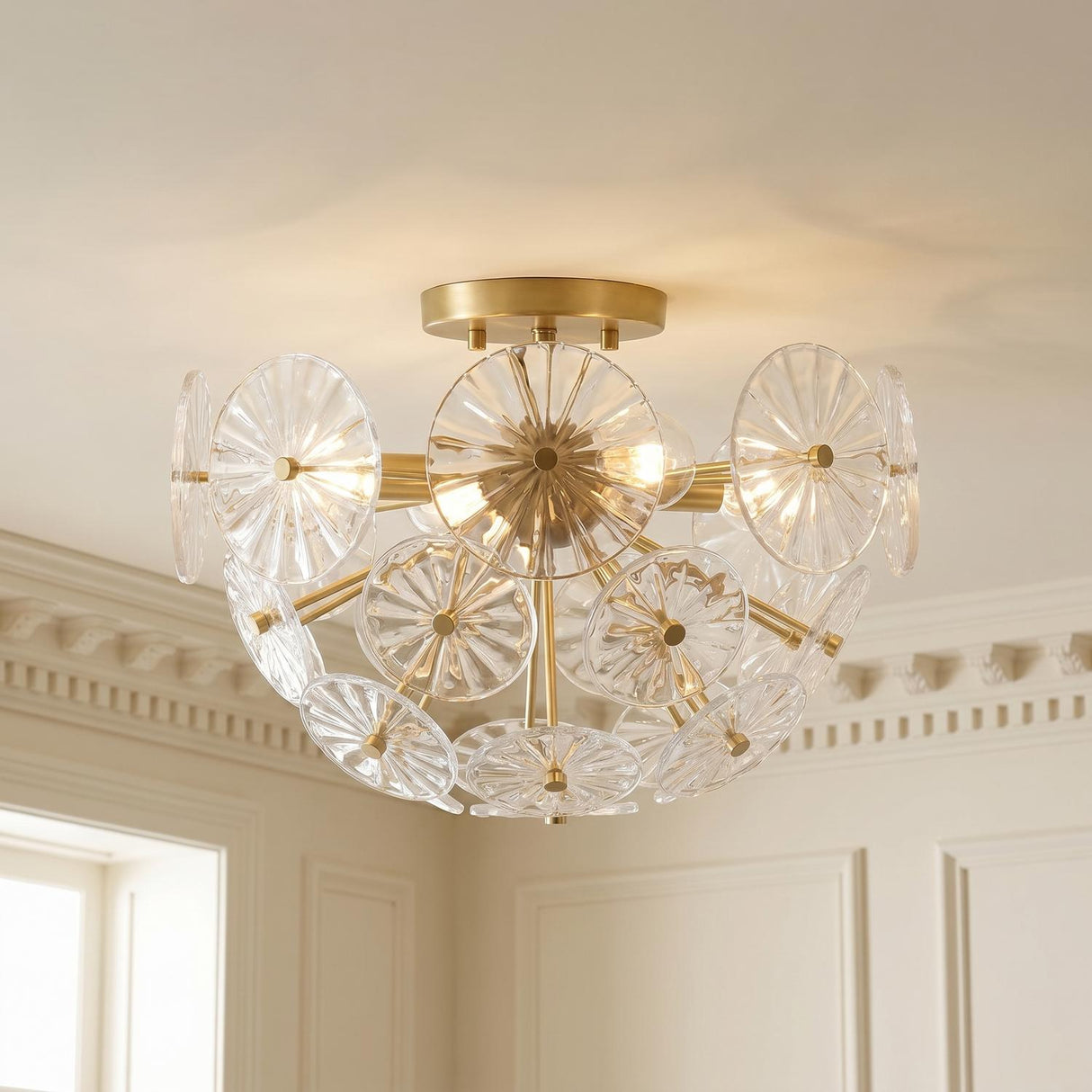 A transitional foyer with a matte brass and clear glass semi-flush mount on a standard ceiling featuring traditional wall paneling and white dentil crown molding.